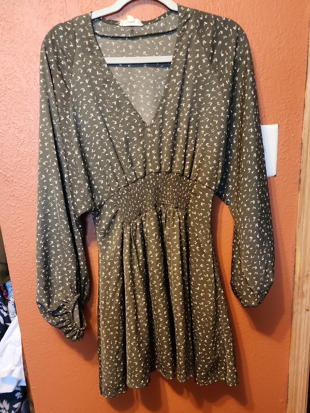 Promesa Olive Green V-Neck Smocked-Waist Mini Dress